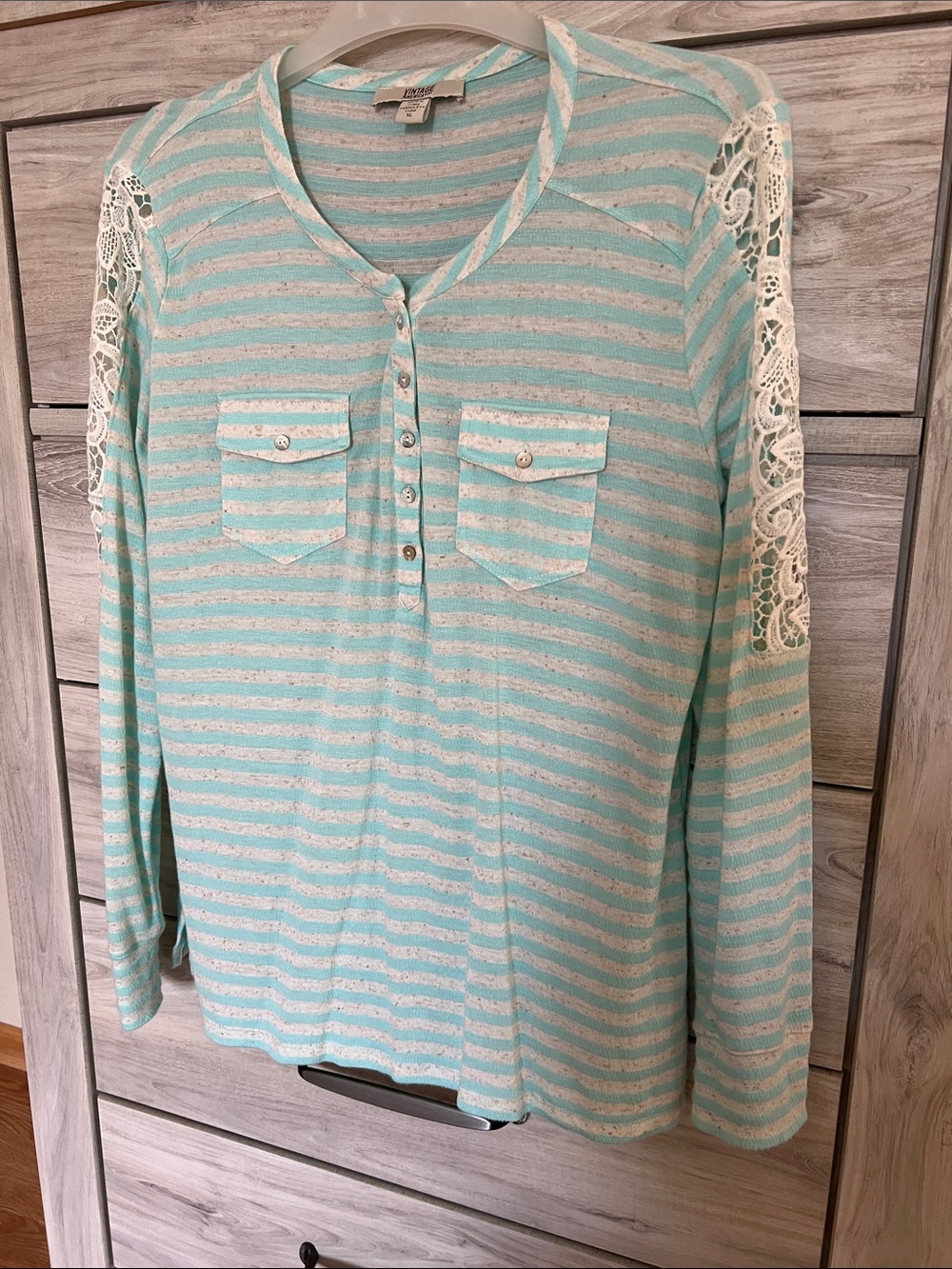 Vintage America Mint & White Striped Lace-Sleeve Henley